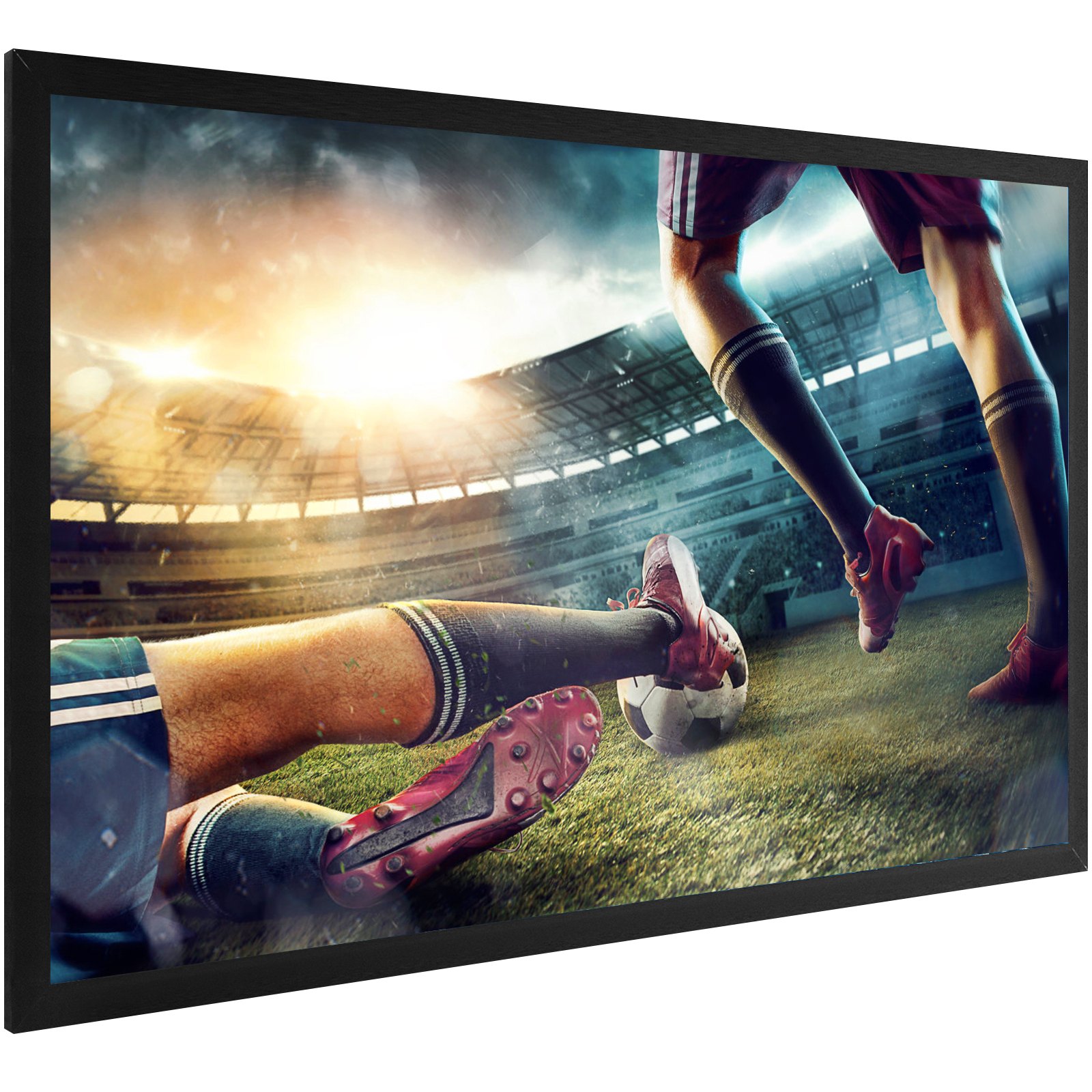 Jugadores de fútbol en acción en la pantalla del proyector VEVOR que muestra una escena vibrante del estadio.