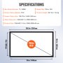 Especificaciones de la pantalla del proyector VEVOR con dimensiones y peso mostrados.