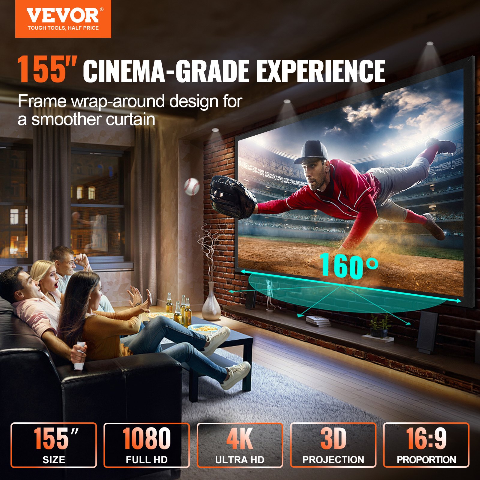 La pantalla de proyector VEVOR ofrece una experiencia de cine de 155&quot; con proyección 4k, 1080p y 3D.