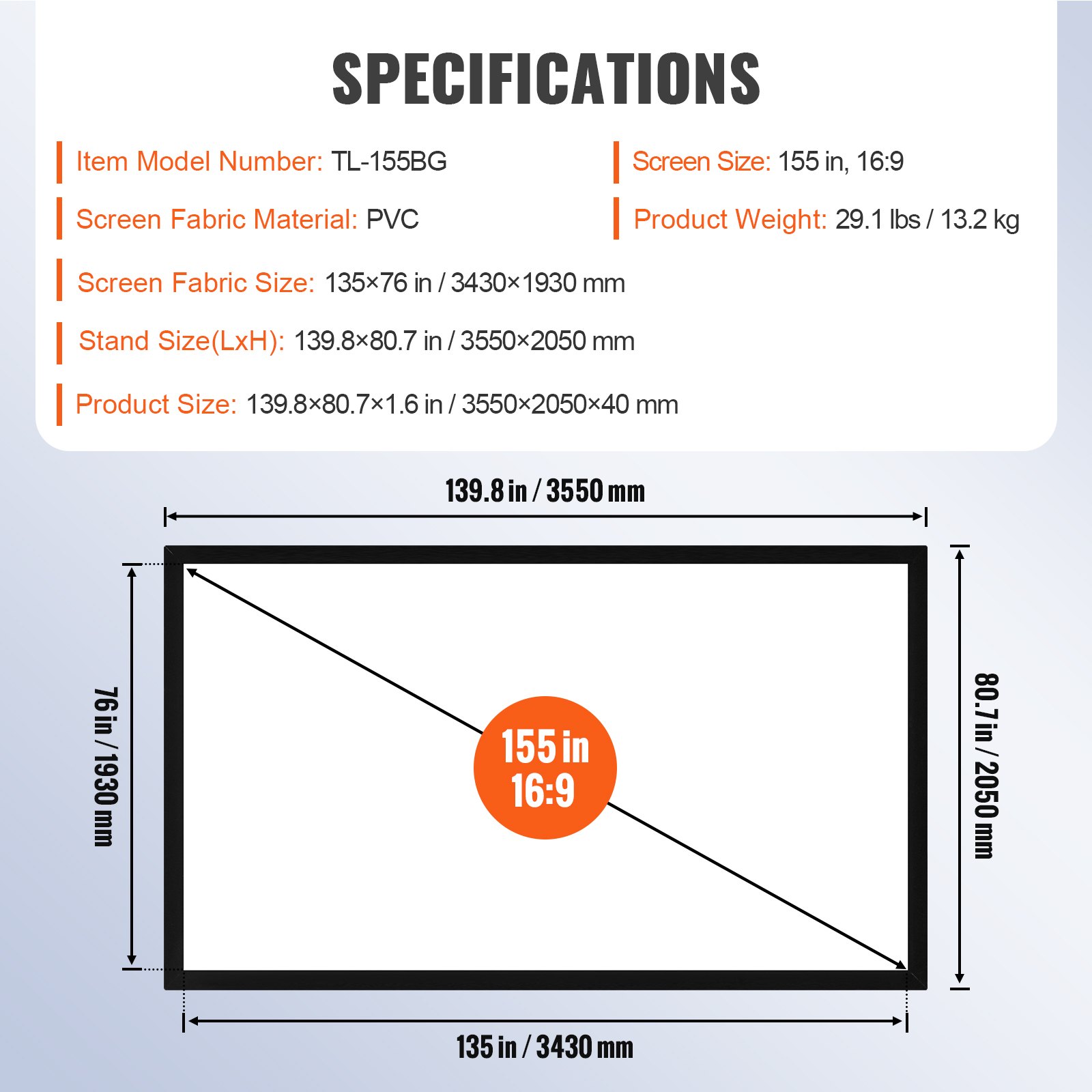Especificaciones de la pantalla del proyector VEVOR con dimensiones y peso mostrados.