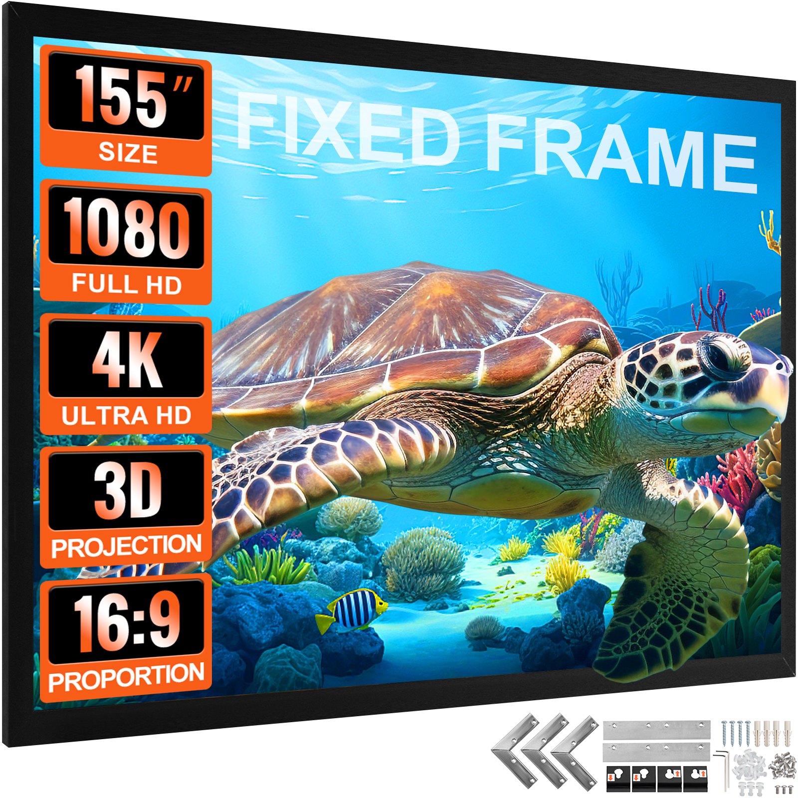 Pantalla de proyector VEVOR, 155&quot;, 1080 full hd, 4k ultra hd, 3d, 16:9, tortuga bajo el agua.