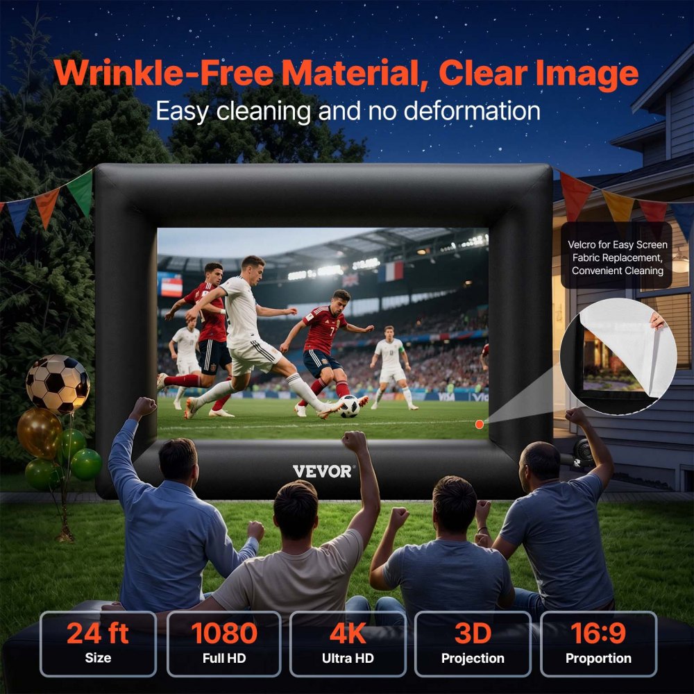 Pantalla de cine inflable VEVOR de 24 pies, pantalla de proyector inflable para exteriores con soplador de aire de 360 W, pantalla inflable de tela Oxford, pantalla inflable para películas al aire libre, admite proyección frontal y trasera.