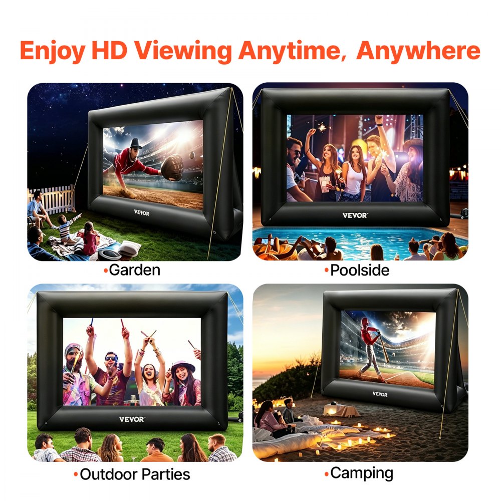 Pantalla de cine inflable VEVOR de 24 pies, pantalla de proyector inflable para exteriores con soplador de aire de 360 W, pantalla inflable de tela Oxford, pantalla inflable para películas al aire libre, admite proyección frontal y trasera.