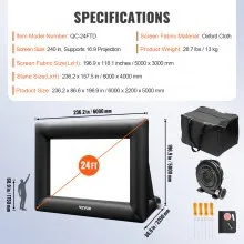 VEVOR Pantalla de cine inflable Pantalla de proyector inflable de 24 pies para exteriores con soplador de aire de 360 W Pantalla inflable Material de tela Oxford Pantalla de soplado para películas al aire libre Soporta proyección frontal/trasera