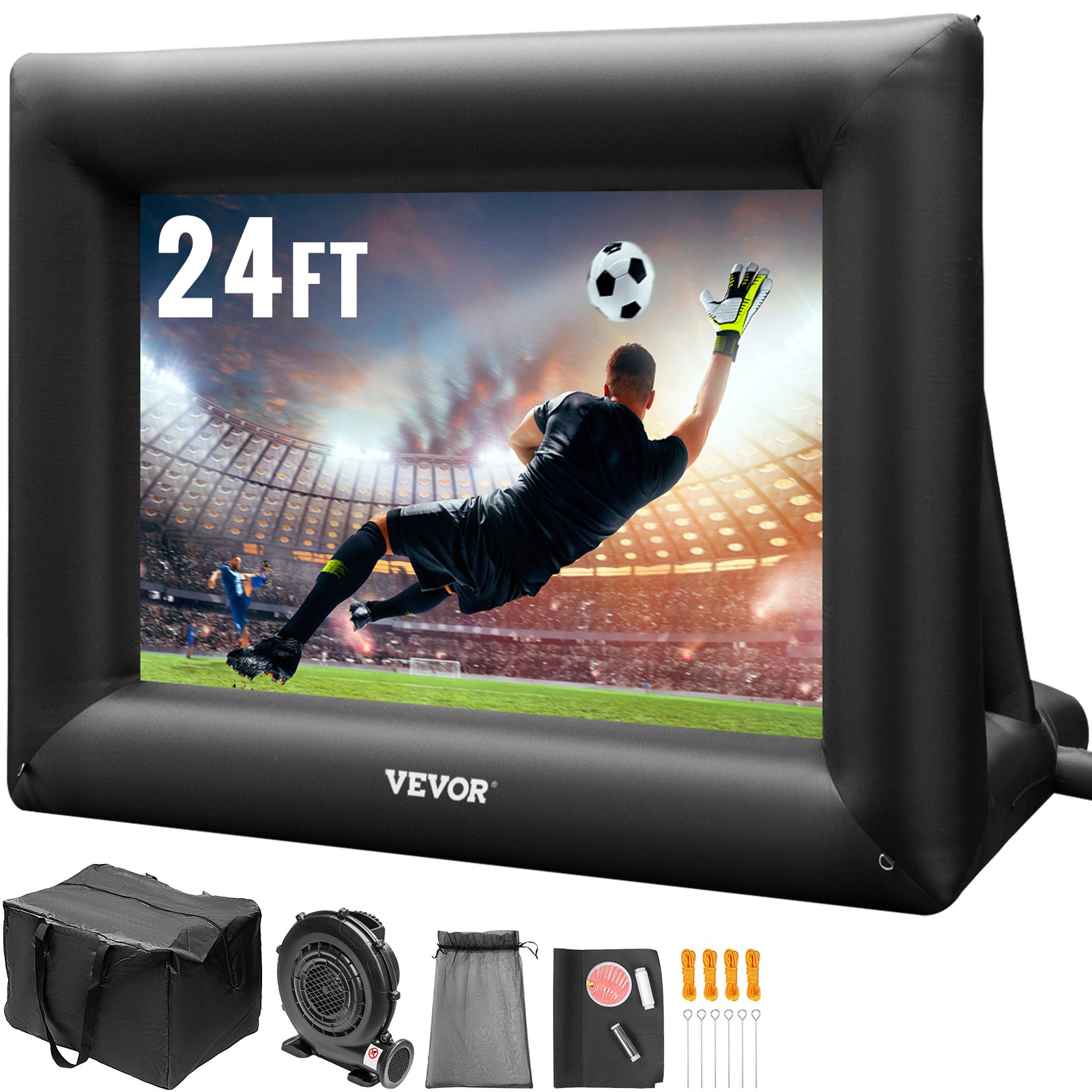 Pantalla de cine inflable VEVOR de 24 pies, pantalla de proyector inflable para exteriores con soplador de aire de 360 W, pantalla inflable de tela Oxford, pantalla inflable para películas al aire libre, admite proyección frontal y trasera.