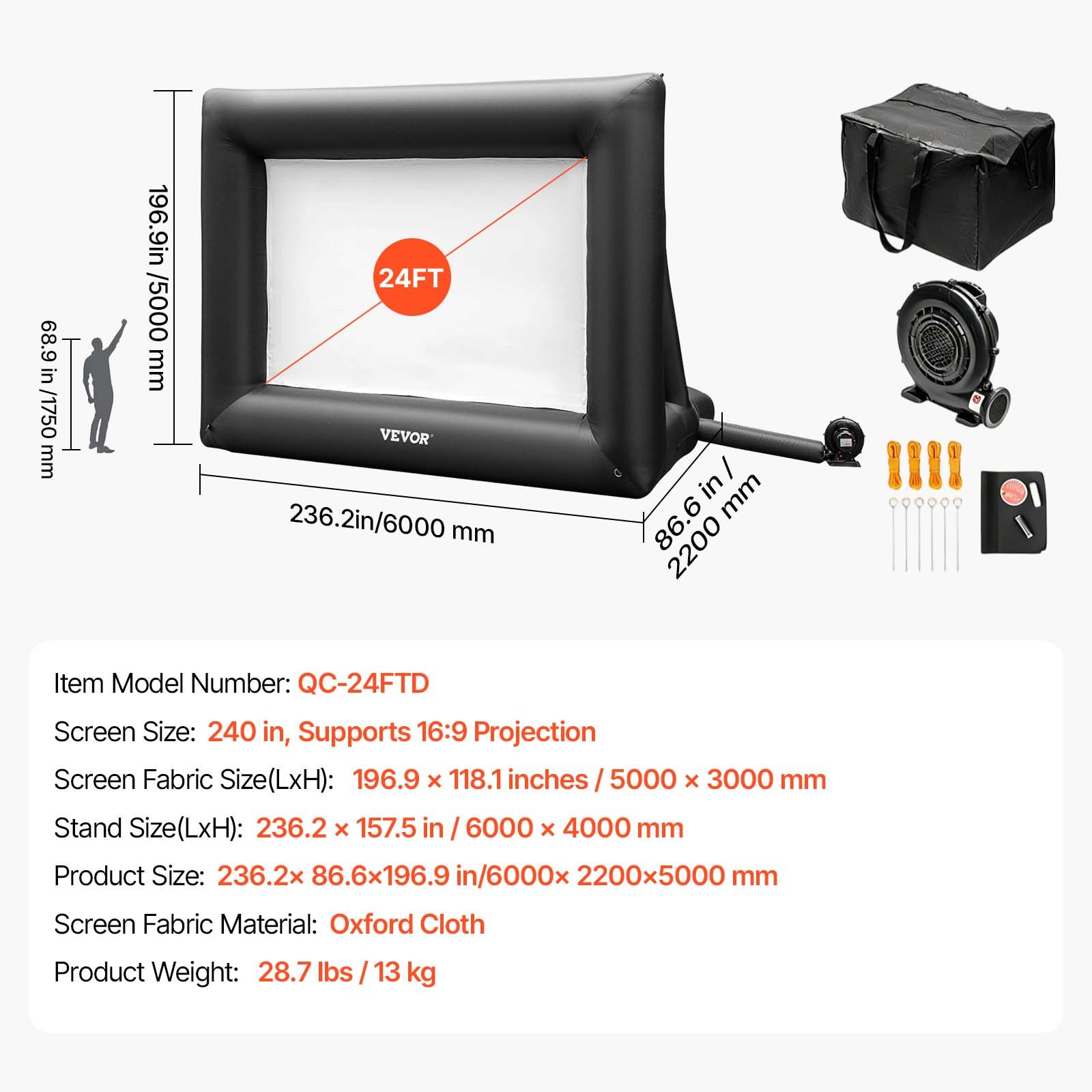 Pantalla de cine inflable VEVOR de 24 pies, pantalla de proyector inflable para exteriores con soplador de aire de 360 W, pantalla inflable de tela Oxford, pantalla inflable para películas al aire libre, admite proyección frontal y trasera.