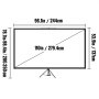 Dimensiones de la pantalla del proyector con trípode VEVOR: 96,1 pulgadas x 53,9 pulgadas, altura 78,7 a 98,4 pulgadas.