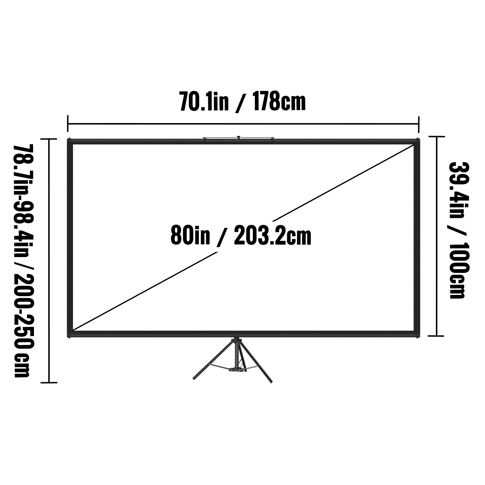Pantalla de proyector con trípode VEVOR con diagonal de 80 pulgadas, altura y dimensiones ajustables.