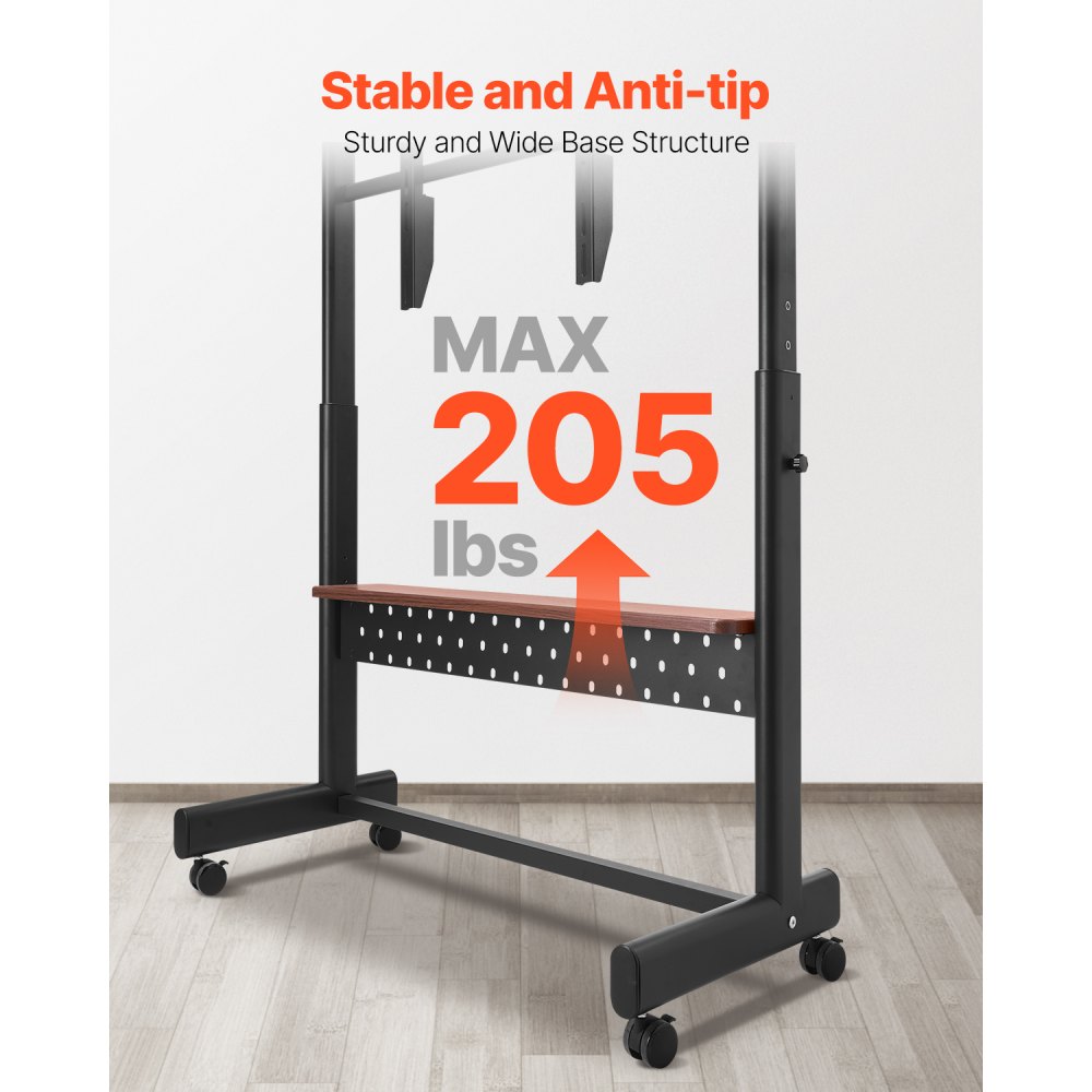 Soporte de TV con ruedas VEVOR, carrito de TV móvil para pantallas de 55 a 100 pulgadas, soporte de monitor portátil de altura ajustable con bandeja, soporta hasta 205 libras para sala de estar, dormitorio, oficina, exterior, VESA máx. 800 x 600 mm.