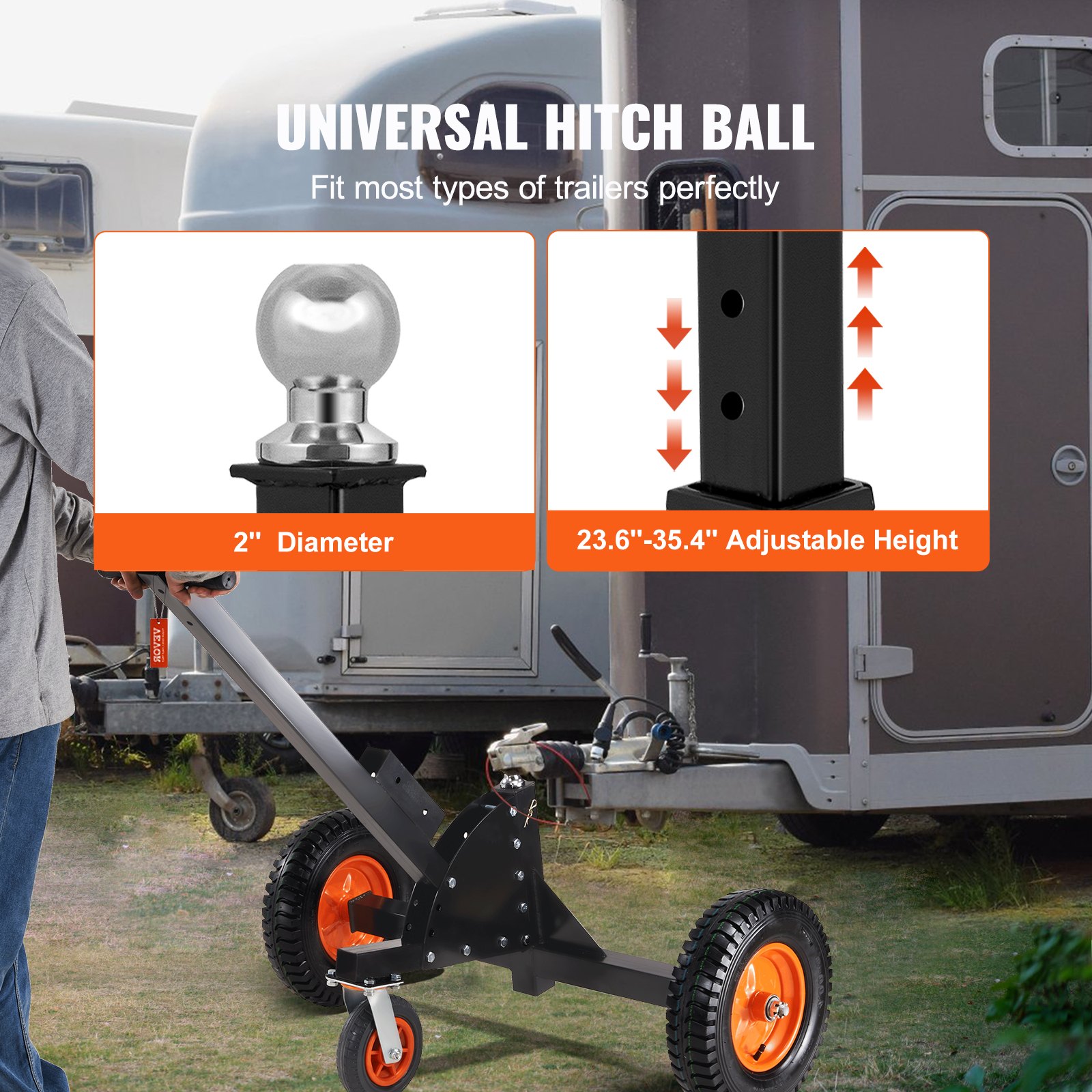 Plataforma de remolque VEVOR con bola de enganche universal, diámetro de 2&quot; y altura ajustable de 23,6&quot; a 35,4&quot;.