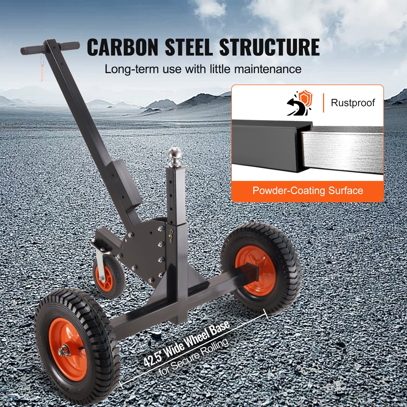 Plataforma de remolque VEVOR con estructura de acero al carbono, superficie con recubrimiento en polvo y una distancia entre ejes de 42,5&quot; de ancho.