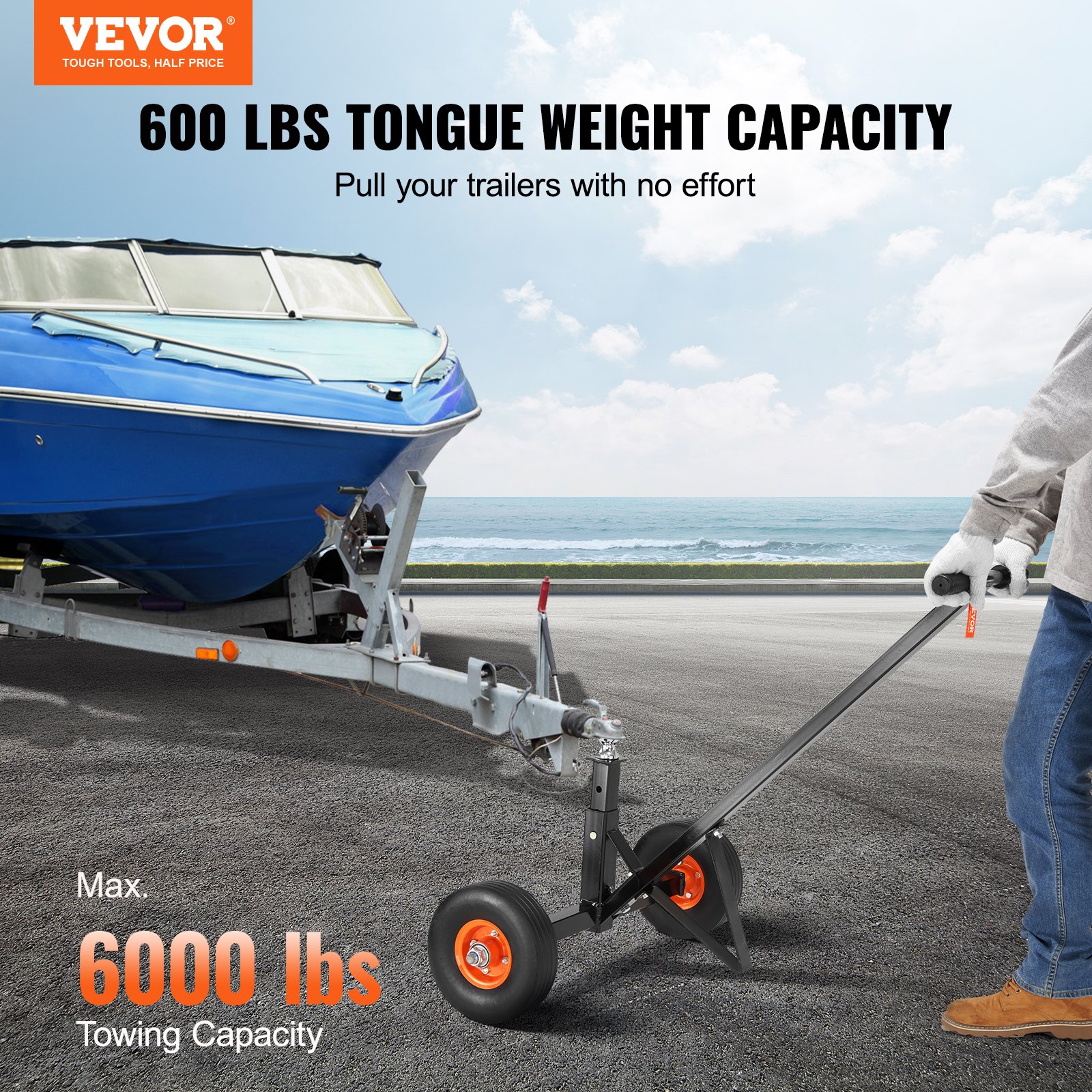 VEVOR Dolly de remolque ajustable, capacidad de peso de lengüeta de 600 libras, motor de remolque de acero al carbono con altura ajustable de 16 a 24 pulgadas, bola de enganche de 1-7/8 pulgadas y neumáticos sólidos de 10 pulgadas, ideal para mover coches, caravanas, barcos, remolques