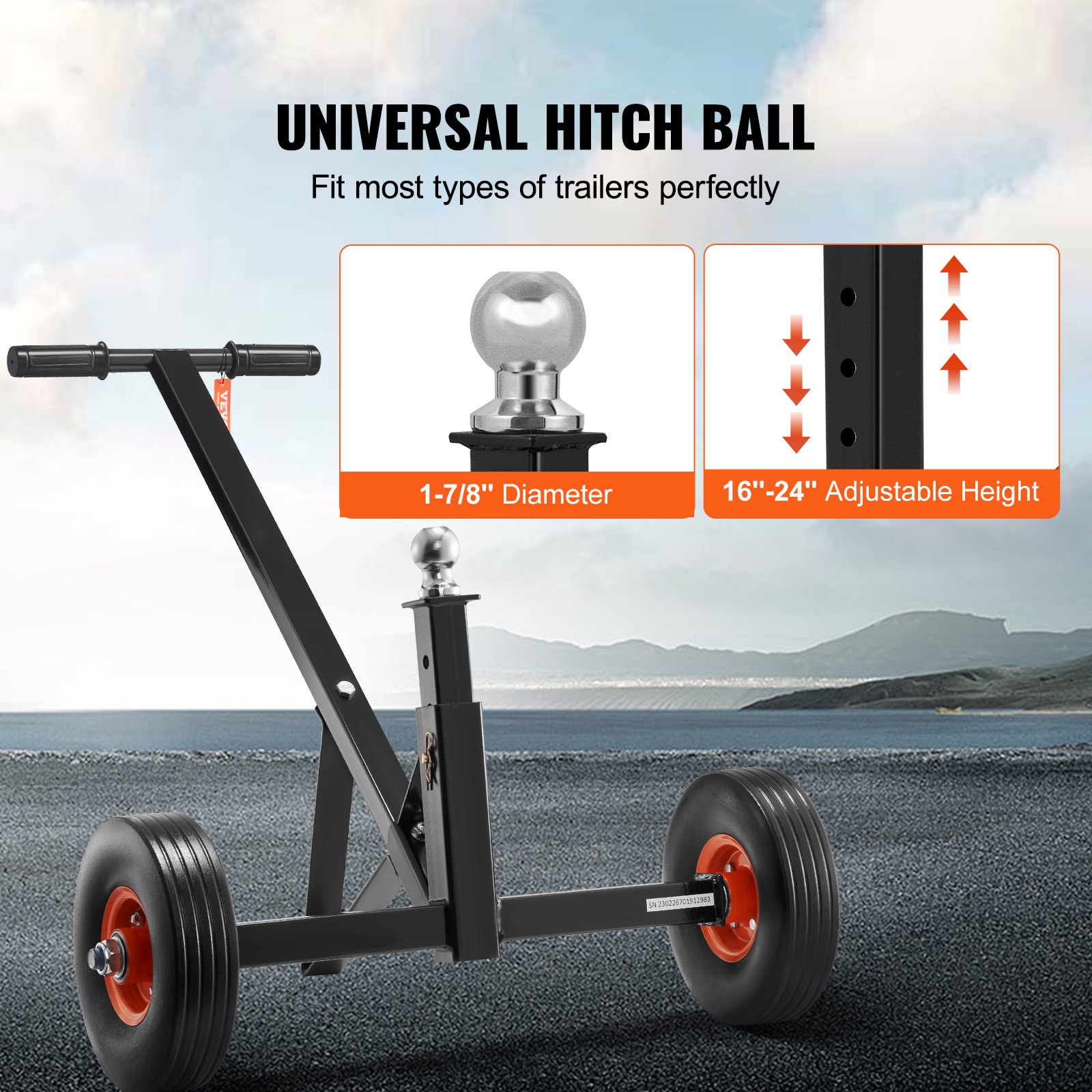 VEVOR Dolly de remolque ajustable, capacidad de peso de lengüeta de 600 libras, motor de remolque de acero al carbono con altura ajustable de 16 a 24 pulgadas, bola de enganche de 1-7/8 pulgadas y neumáticos sólidos de 10 pulgadas, ideal para mover coches, caravanas, barcos, remolques