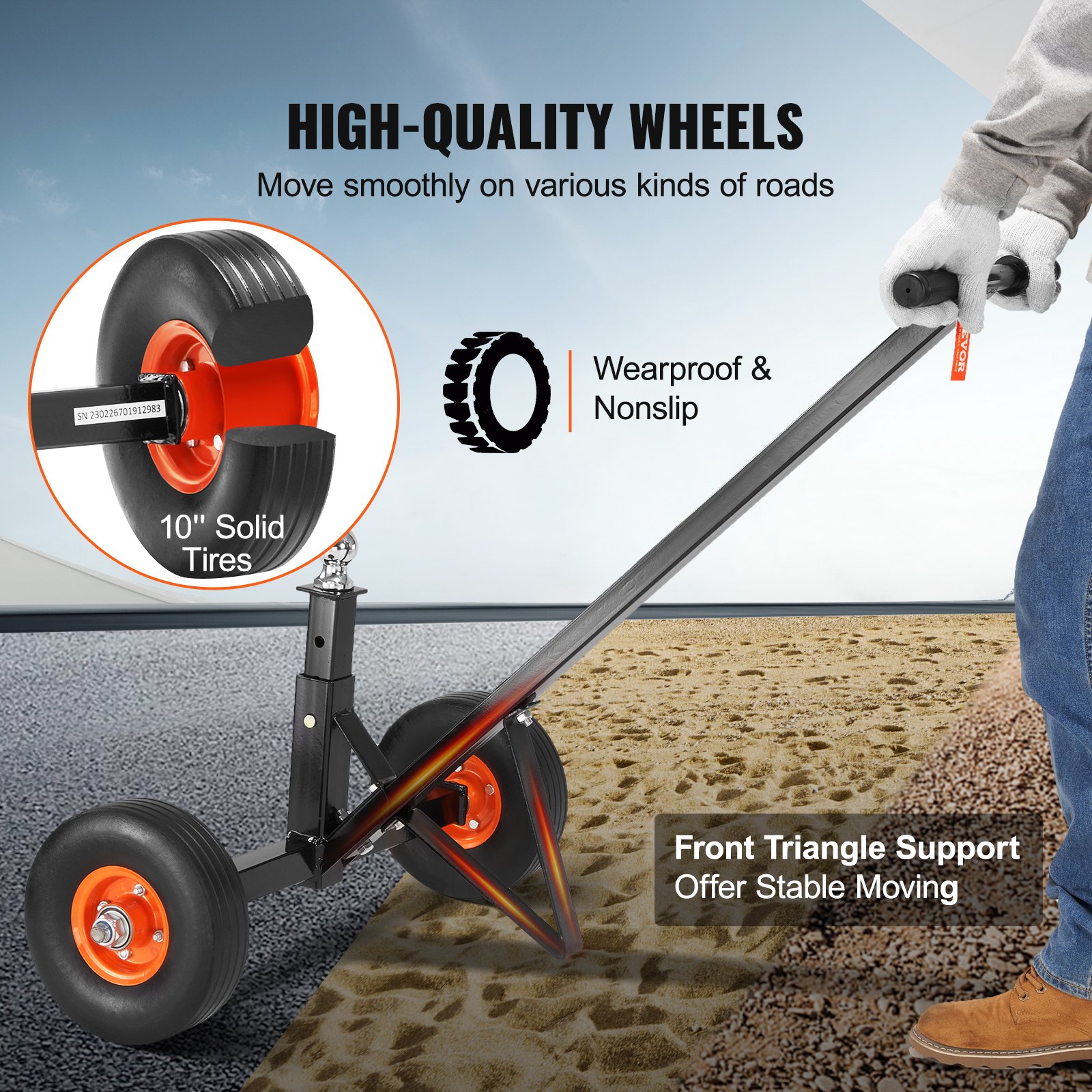 VEVOR Dolly de remolque ajustable, capacidad de peso de lengüeta de 600 libras, motor de remolque de acero al carbono con altura ajustable de 16 a 24 pulgadas, bola de enganche de 1-7/8 pulgadas y neumáticos sólidos de 10 pulgadas, ideal para mover coches, caravanas, barcos, remolques