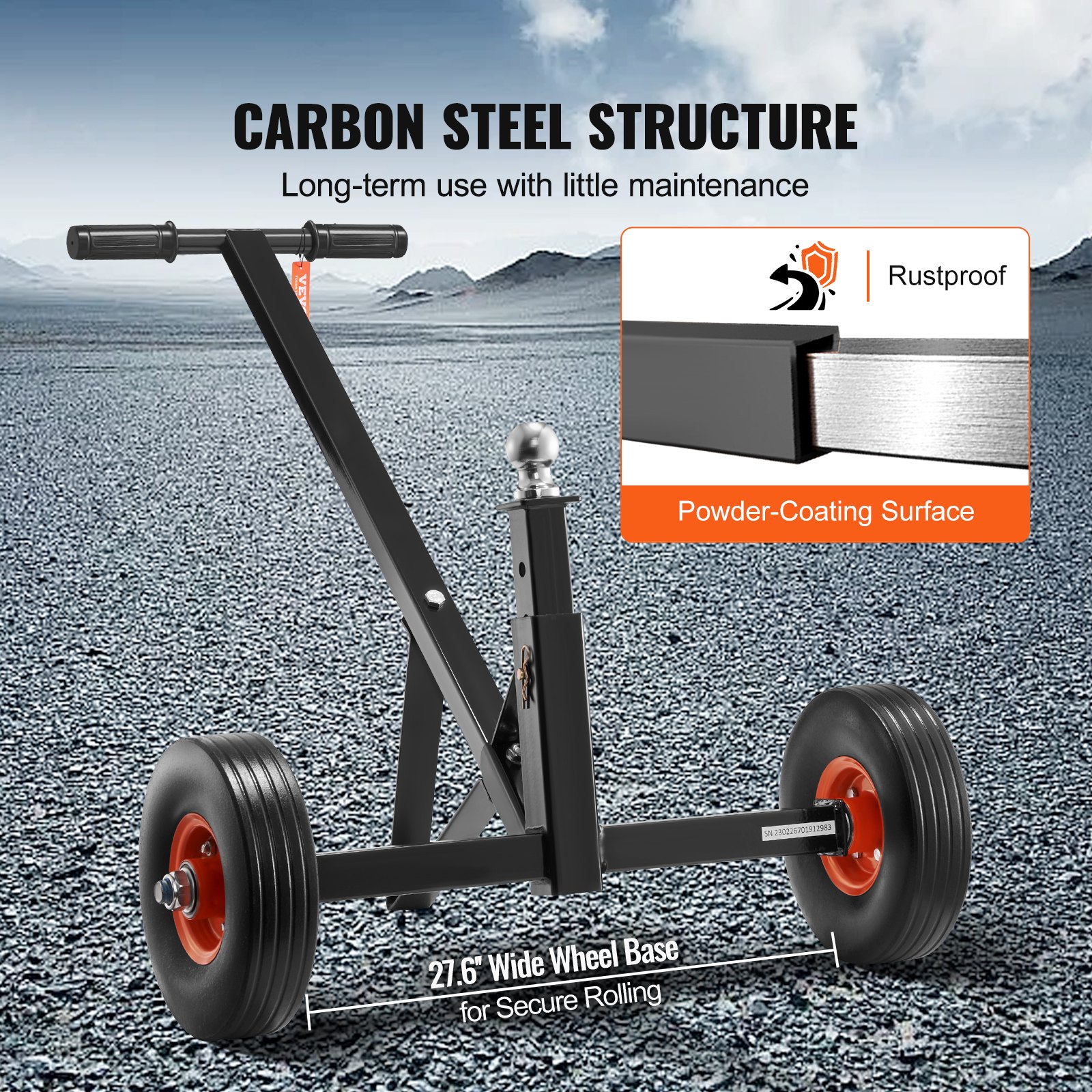 VEVOR Dolly de remolque ajustable, capacidad de peso de lengüeta de 600 libras, motor de remolque de acero al carbono con altura ajustable de 16 a 24 pulgadas, bola de enganche de 1-7/8 pulgadas y neumáticos sólidos de 10 pulgadas, ideal para mover coches, caravanas, barcos, remolques