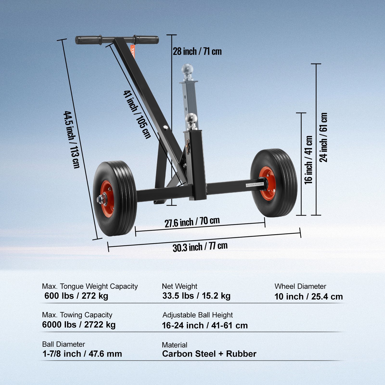 VEVOR Dolly de remolque ajustable, capacidad de peso de lengüeta de 600 libras, motor de remolque de acero al carbono con altura ajustable de 16 a 24 pulgadas, bola de enganche de 1-7/8 pulgadas y neumáticos sólidos de 10 pulgadas, ideal para mover coches, caravanas, barcos, remolques