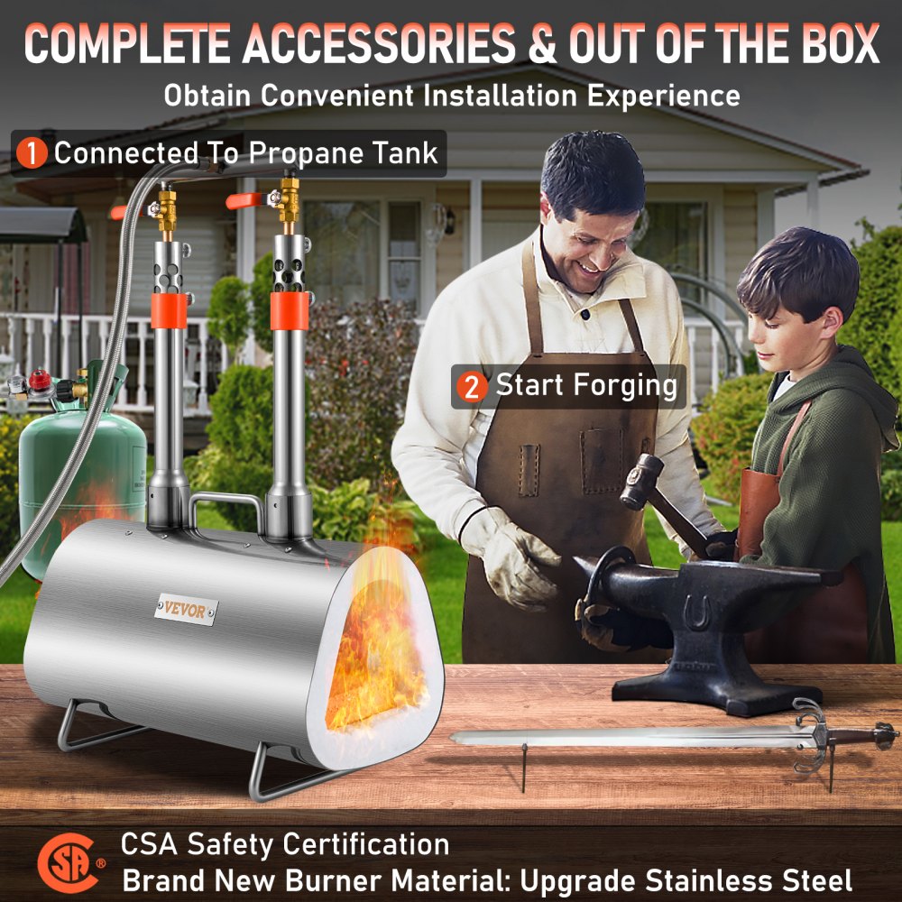VEVOR Forja de propano portátil, herramienta de doble quemador y fabricación de cuchillos, forjas de herrero de gran capacidad, herrería de mini horno, herramientas y equipos de forja de gas de acero inoxidable, ovalado