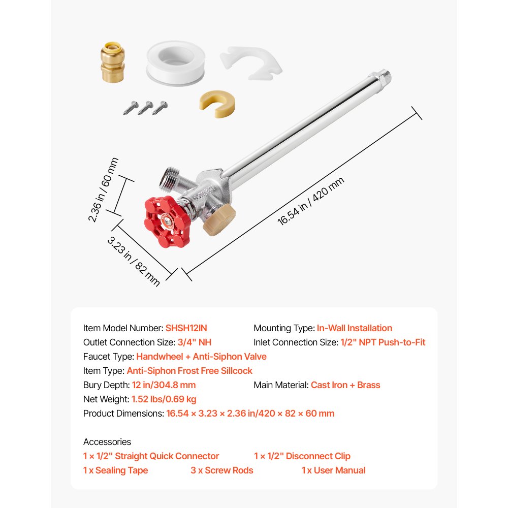 Grifo de alféizar anticongelante VEVOR, grifo exterior anticongelante de 30 cm con válvula antirreflujo, conector de presión de 1,27 cm x grifo de manguera de 1,91 cm, grifo anticongelante sin plomo para tuberías de cobre PEX y CPVC