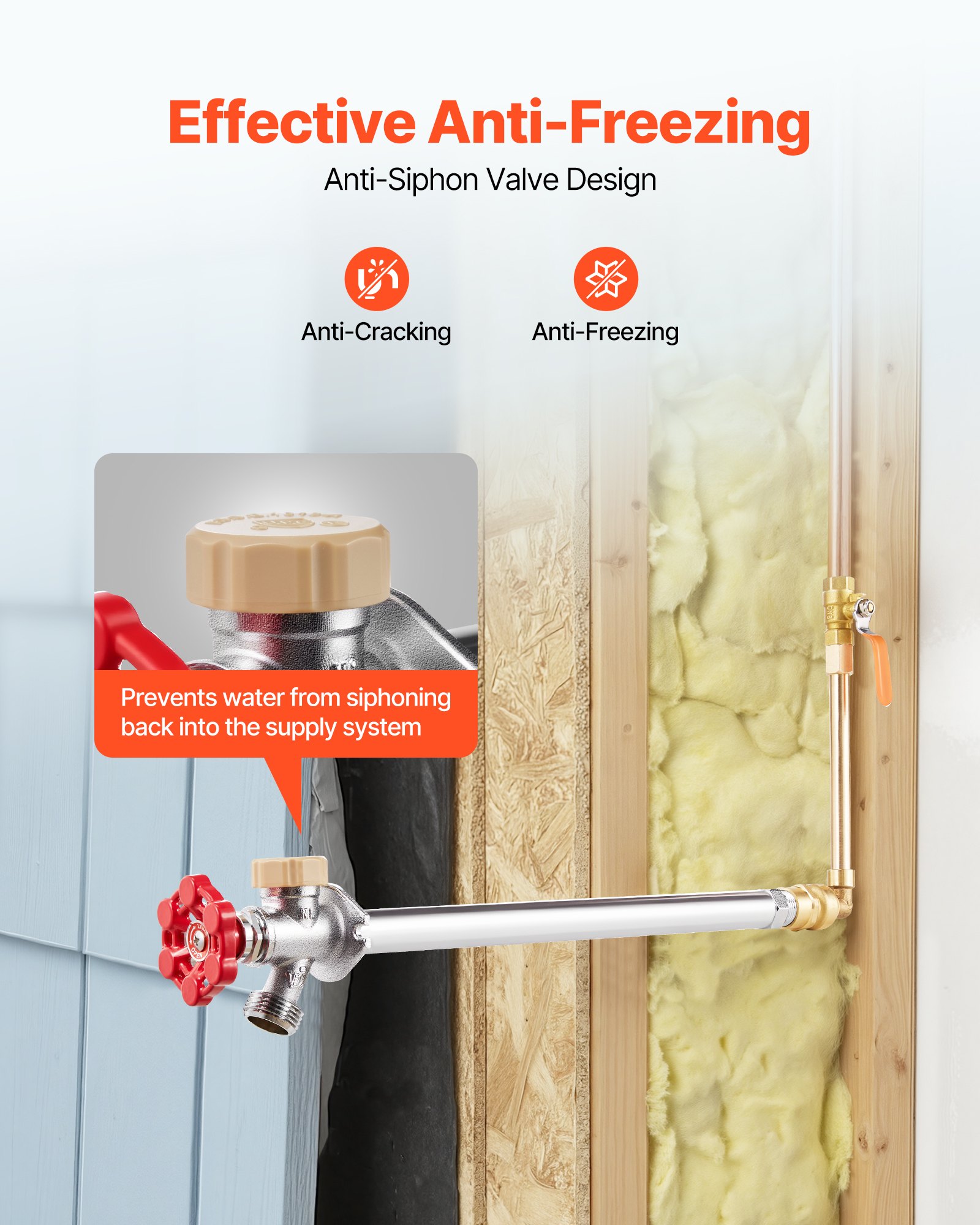 Grifo de alféizar anticongelante VEVOR, grifo exterior anticongelante de 30 cm con válvula antirreflujo, conector de presión de 1,27 cm x grifo de manguera de 1,91 cm, grifo anticongelante sin plomo para tuberías de cobre PEX y CPVC