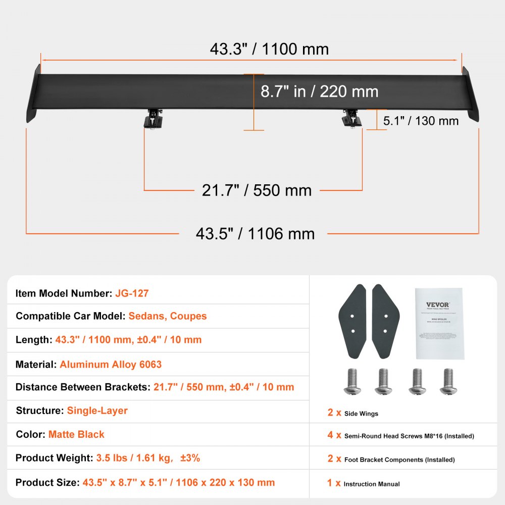 Especificaciones del alerón de coche VEVOR jg-127: 43,3&quot;/1100 mm de largo, negro mate, aleación de aluminio, se adapta a sedanes, cupés.