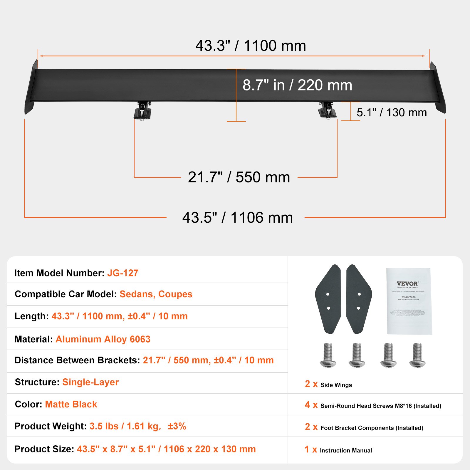 Especificaciones del alerón de coche VEVOR jg-127: 43,3&quot;/1100 mm de largo, negro mate, aleación de aluminio, se adapta a sedanes, cupés.