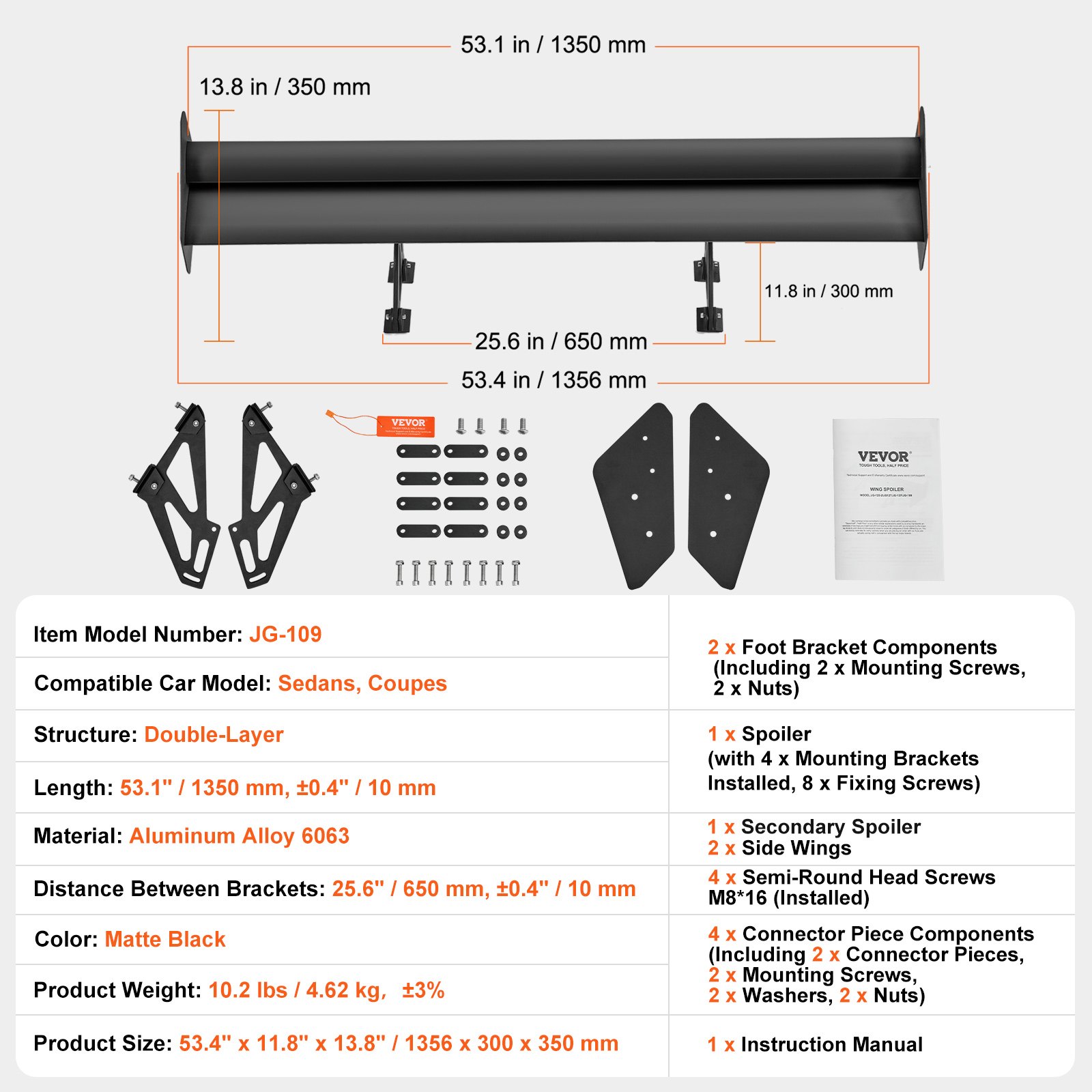 Alerón trasero VEVOR GT Wing de 53,1 pulgadas, universal, de doble capa, ajustable, de aluminio ligero, para carreras, BGW/JDM Drift, color negro