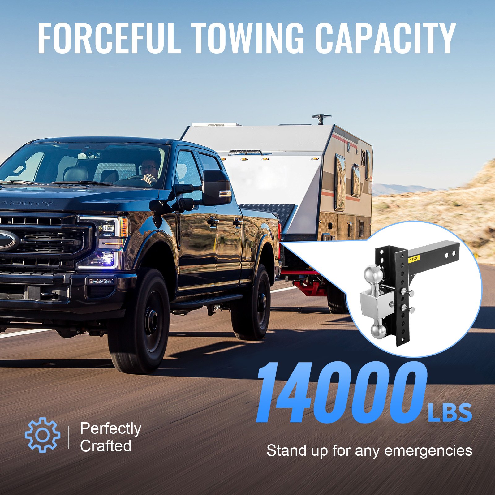 Enganche de remolque ajustable VEVOR que remolca una caravana con capacidad de 14000 libras, lo que garantiza seguridad y confiabilidad.