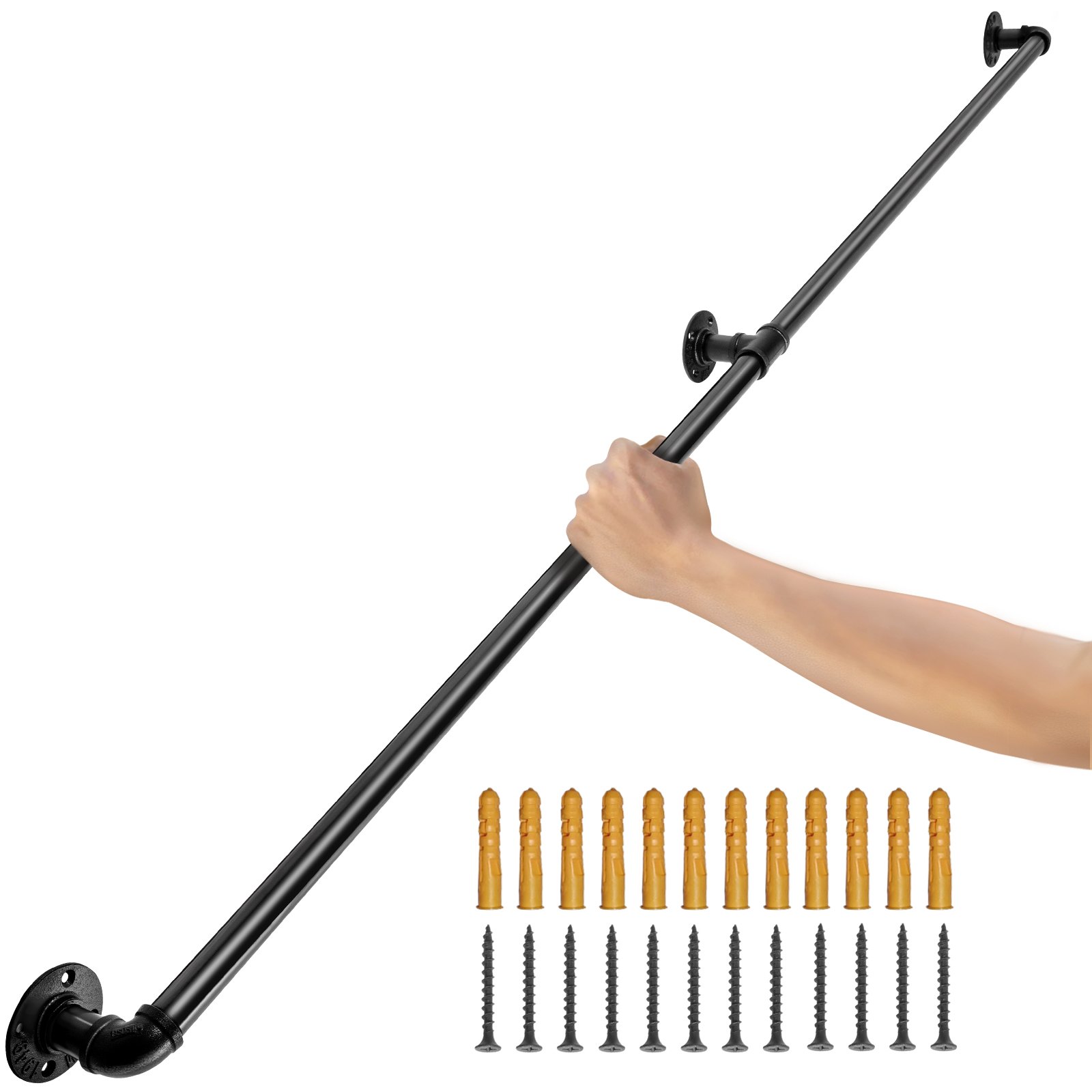 Pasamanos de escalera de tubo VEVOR, pasamanos de escalera de 4 pies, capacidad de carga de 440 libras, pasamanos de tubo de acero al carbono, pasamanos de tubo industrial con soporte de montaje en pared, pasamanos de pared de esquina redonda para interior, exterior