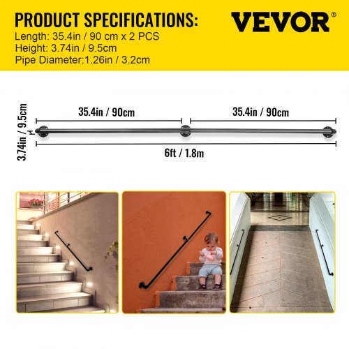 Pasamanos de escalera de tubo VEVOR, pasamanos de escalera de 6 pies, capacidad de carga de 440 libras pasamanos de tubo de acero al carbono, pasamanos de tubo industrial con soporte de montaje en pared, pasamanos de pared de esquina redonda para interior, exterior