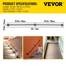 Pasamanos de escalera de tubo VEVOR, pasamanos de escalera de 6 pies, capacidad de carga de 440 libras pasamanos de tubo de acero al carbono, pasamanos de tubo industrial con soporte de montaje en pared, pasamanos de pared de esquina redonda para interior, exterior