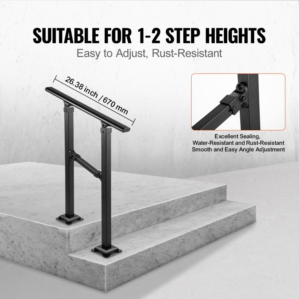 Barandilla de escalera exterior VEVOR, apta para escaleras de 0 a 2 peldaños, pasamanos de hierro forjado de estilo transicional, barandilla de escalera exterior ajustable, pasamanos para escalones de hormigón con kit de instalación, pasamanos exterior negro mate.