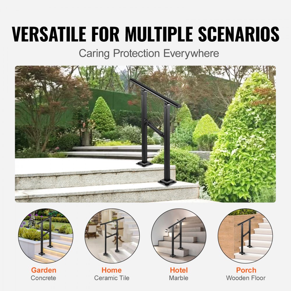 Barandilla de escalera exterior VEVOR, apta para escaleras de 0 a 2 peldaños, pasamanos de hierro forjado de estilo transicional, barandilla de escalera exterior ajustable, pasamanos para escalones de hormigón con kit de instalación, pasamanos exterior negro mate.