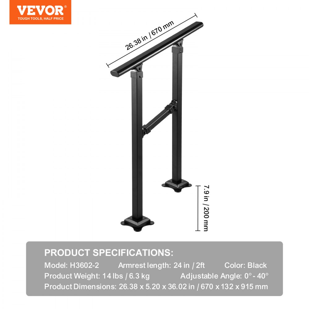 Barandilla de escalera exterior VEVOR, apta para escaleras de 0 a 2 peldaños, pasamanos de hierro forjado de estilo transicional, barandilla de escalera exterior ajustable, pasamanos para escalones de hormigón con kit de instalación, pasamanos exterior negro mate.