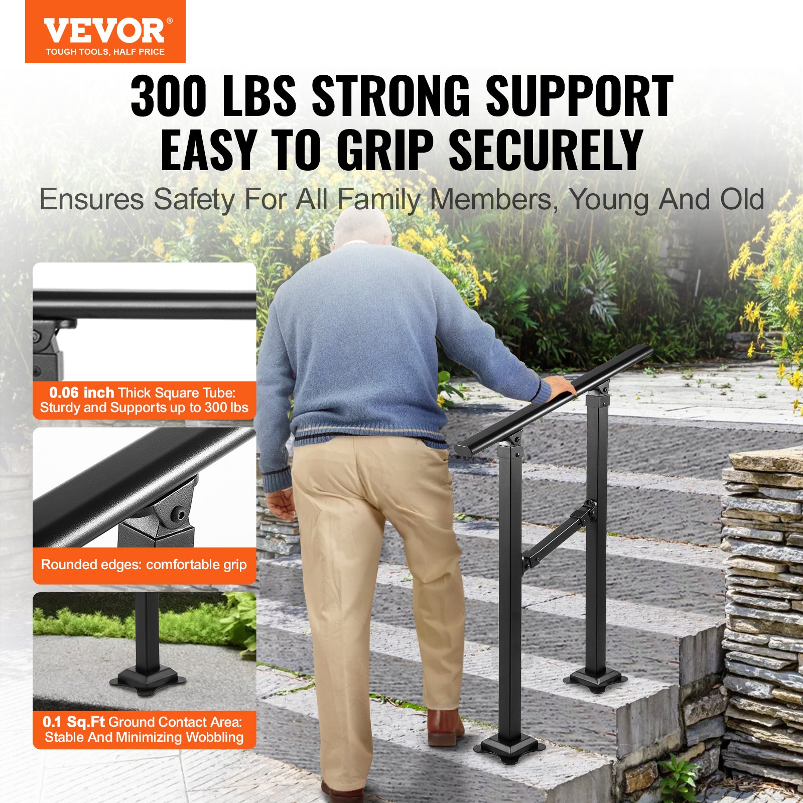 Barandilla de escalera exterior VEVOR, apta para escaleras de 0 a 2 peldaños, pasamanos de hierro forjado de estilo transicional, barandilla de escalera exterior ajustable, pasamanos para escalones de hormigón con kit de instalación, pasamanos exterior negro mate.