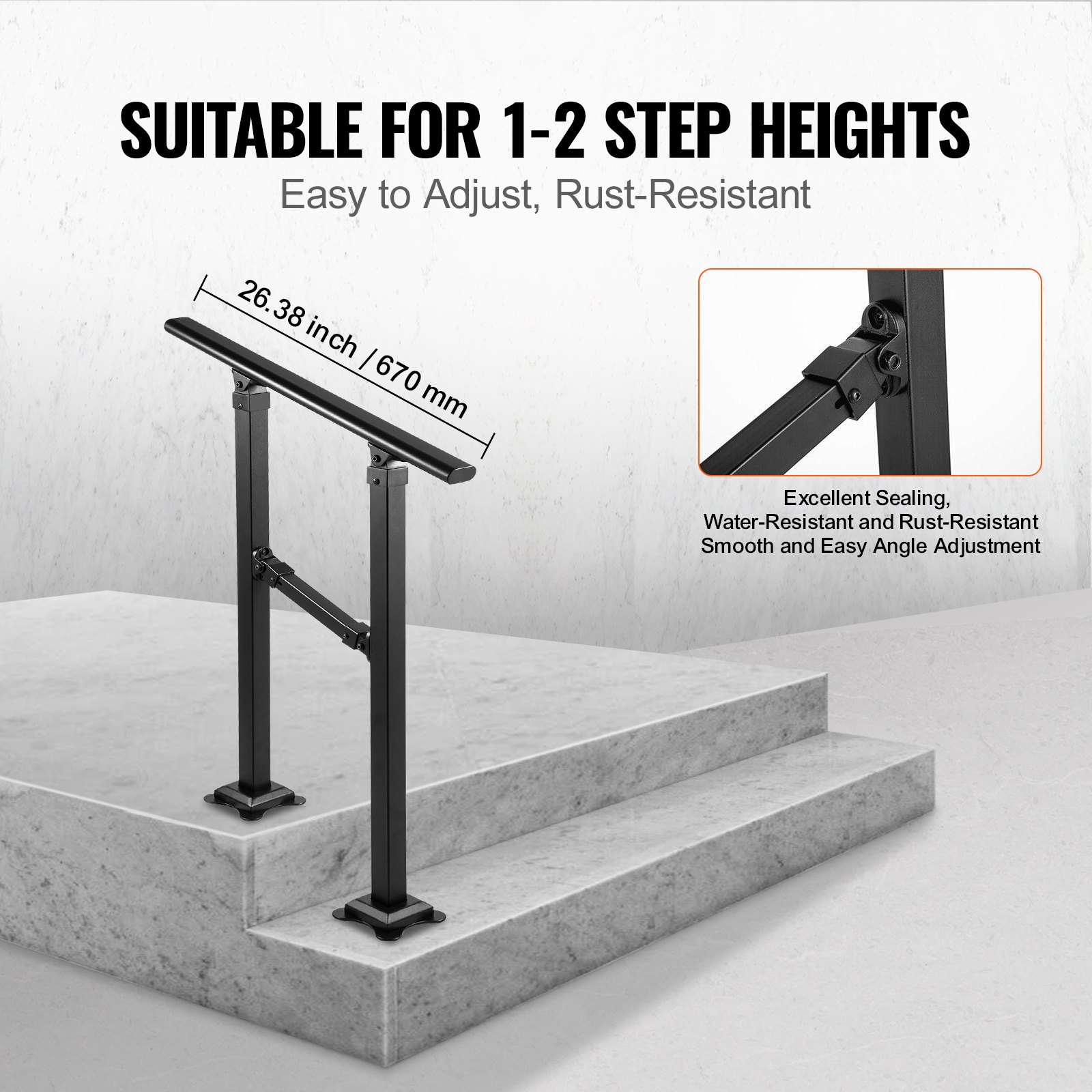 Barandilla de escalera exterior VEVOR, apta para escaleras de 0 a 2 peldaños, pasamanos de hierro forjado de estilo transicional, barandilla de escalera exterior ajustable, pasamanos para escalones de hormigón con kit de instalación, pasamanos exterior negro mate.