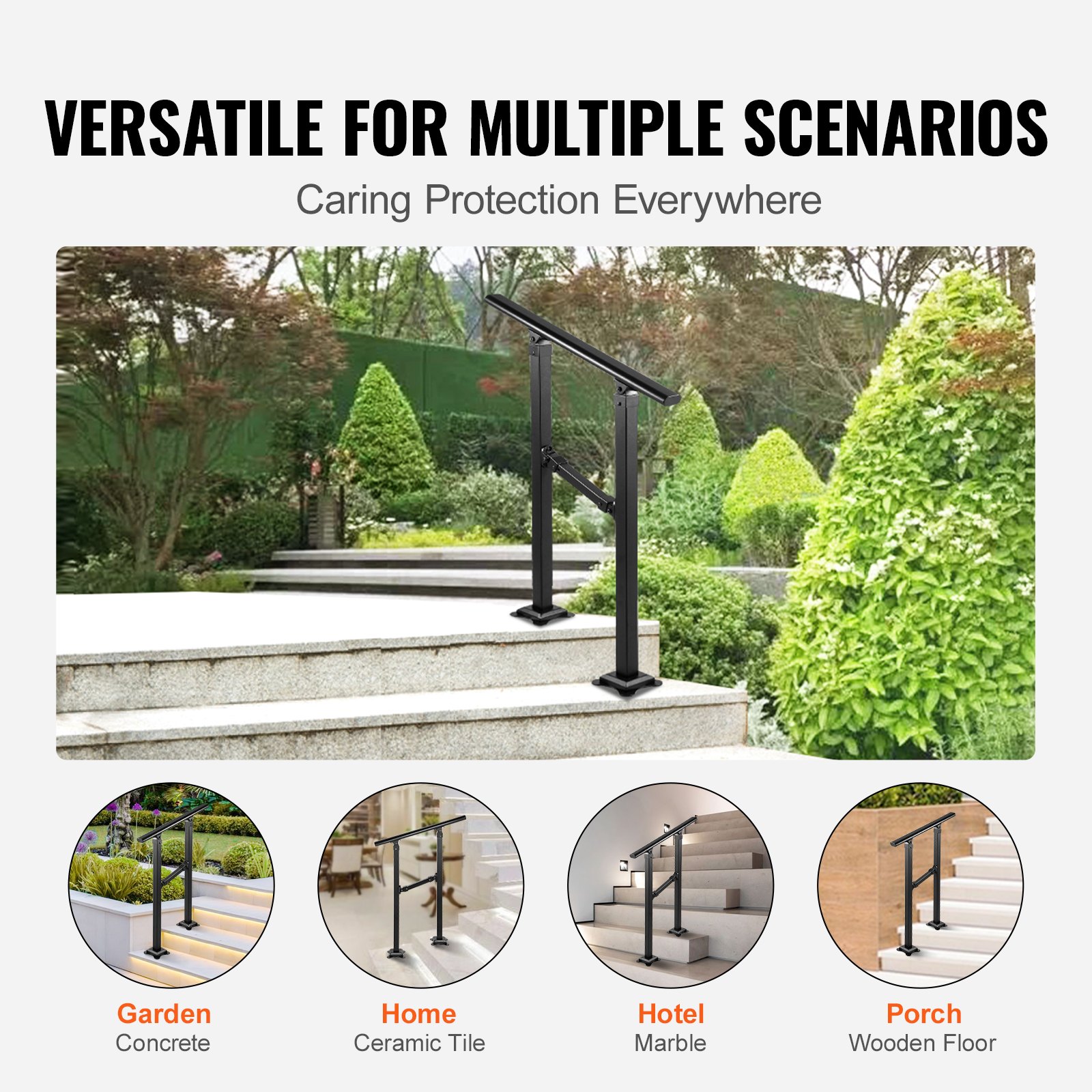 Barandilla de escalera exterior VEVOR, apta para escaleras de 0 a 2 peldaños, pasamanos de hierro forjado de estilo transicional, barandilla de escalera exterior ajustable, pasamanos para escalones de hormigón con kit de instalación, pasamanos exterior negro mate.