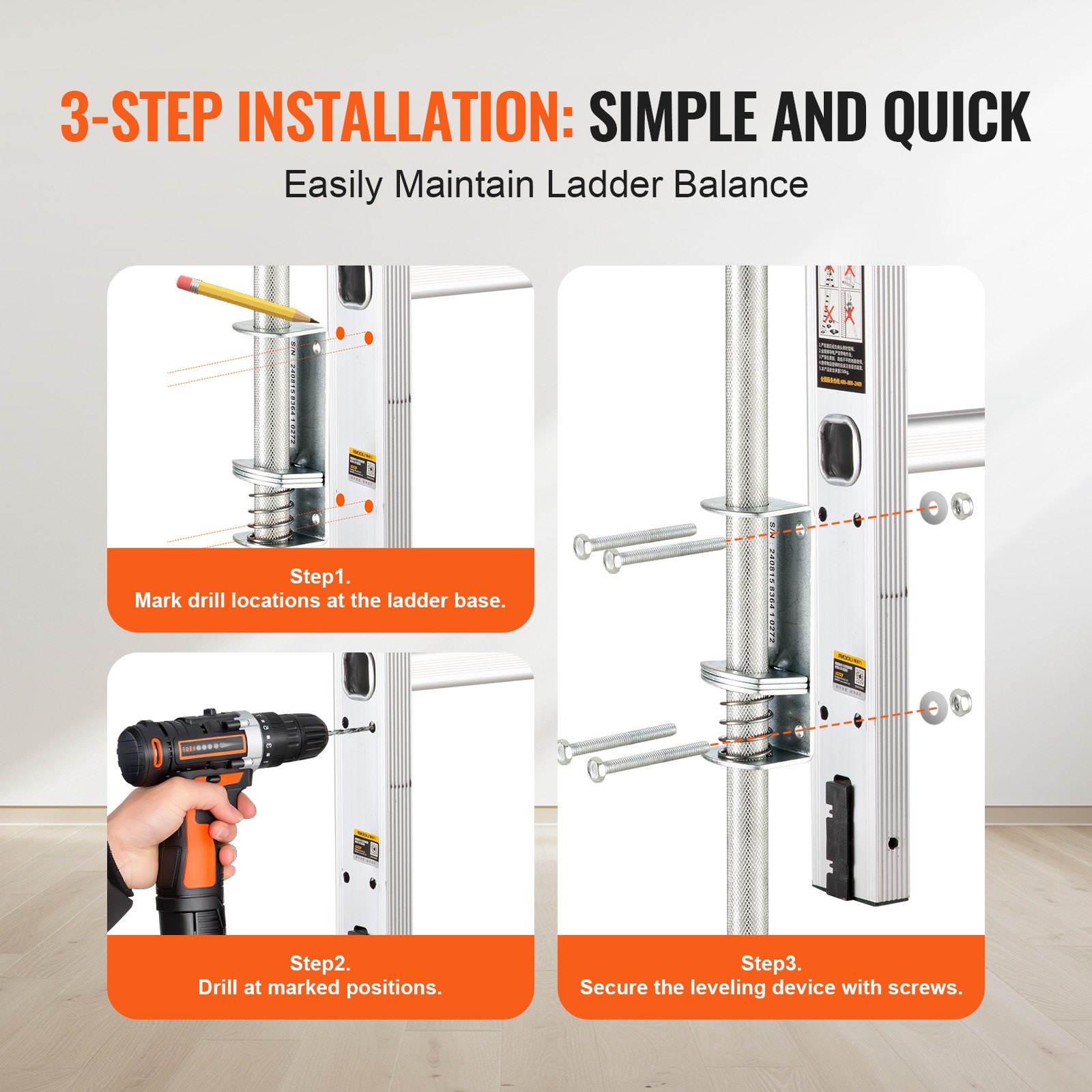 Nivelador de escalera VEVOR, de acero, 59,4 cm (23,4 pulgadas), soporta hasta 250 kg (550 lb), incluye tolva de ajuste de pendiente, estabilizador de escalera con almacenamiento, fácil de usar en todo tipo de superficies, accesorio extensible para terrenos irregulares.