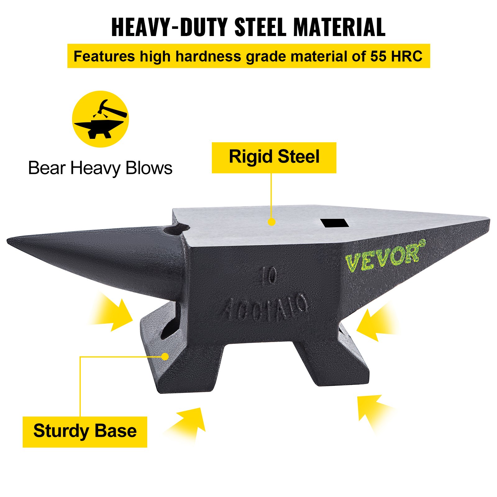 Yunque de acero fundido VEVOR, dureza 55 hrc, con base robusta y acero rígido para soportar fuertes golpes.