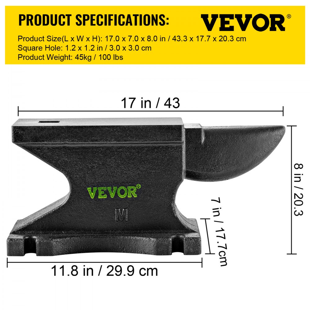Yunque de hierro fundido VEVOR negro de 17 pulgadas, 100 libras, 17,7 cm de alto, especificaciones detalladas del producto.