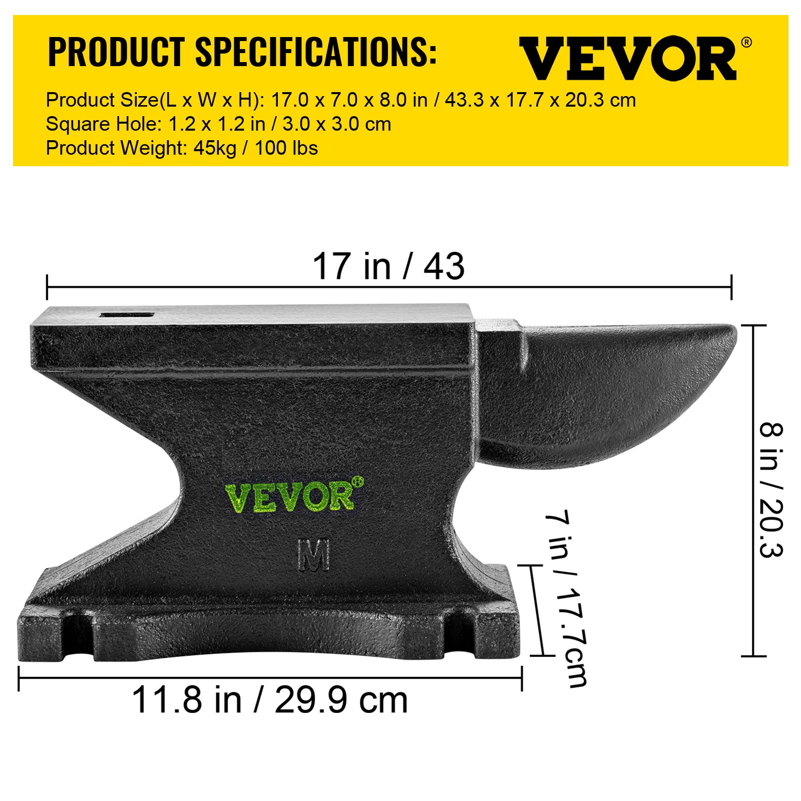 Yunque de hierro fundido VEVOR negro de 17 pulgadas, 100 libras, 17,7 cm de alto, especificaciones detalladas del producto.