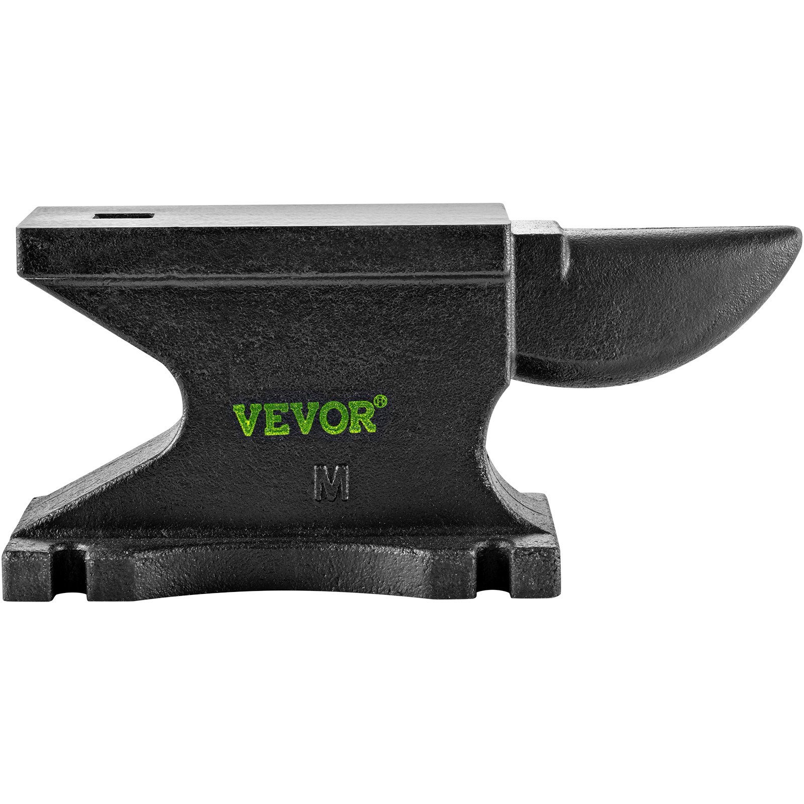 Yunque de hierro fundido VEVOR negro con parte superior plana y cuerno redondeado, que presenta el logotipo de VEVOR en verde.