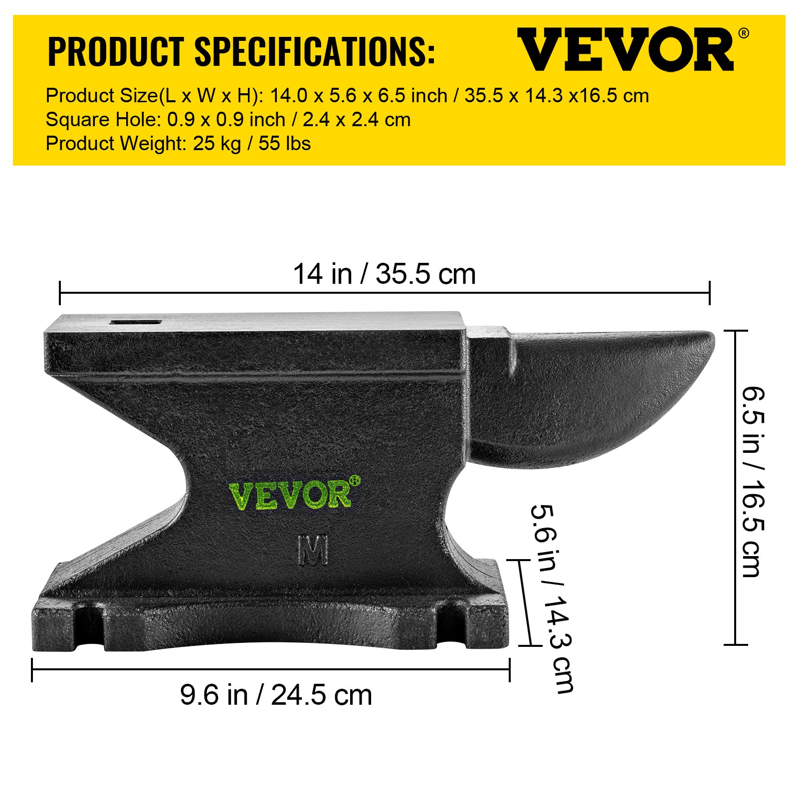 Yunque de hierro fundido VEVOR con dimensiones y peso del producto indicados en caja amarilla.