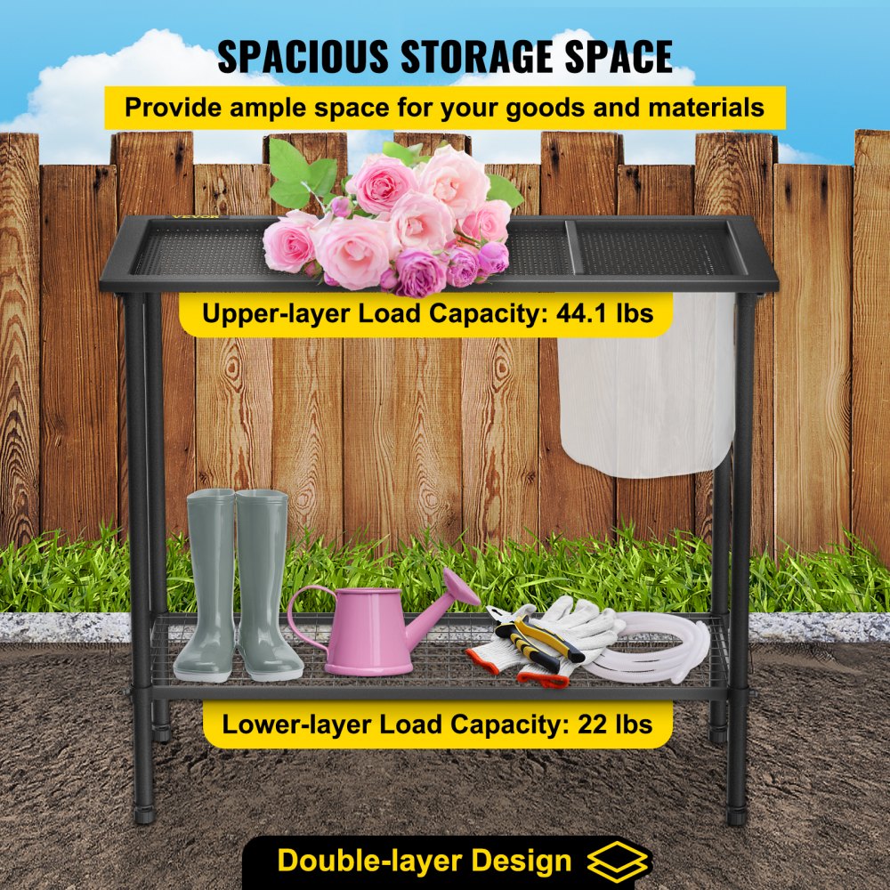 Banco de jardinería VEVOR, 99 cm de largo x 38 cm de ancho x 84 cm de alto, estación de trabajo de acero para exteriores con patas de goma y bolsa de malla, mesa de jardinería multiusos de doble capa para invernadero, patio, porche y jardín, color negro