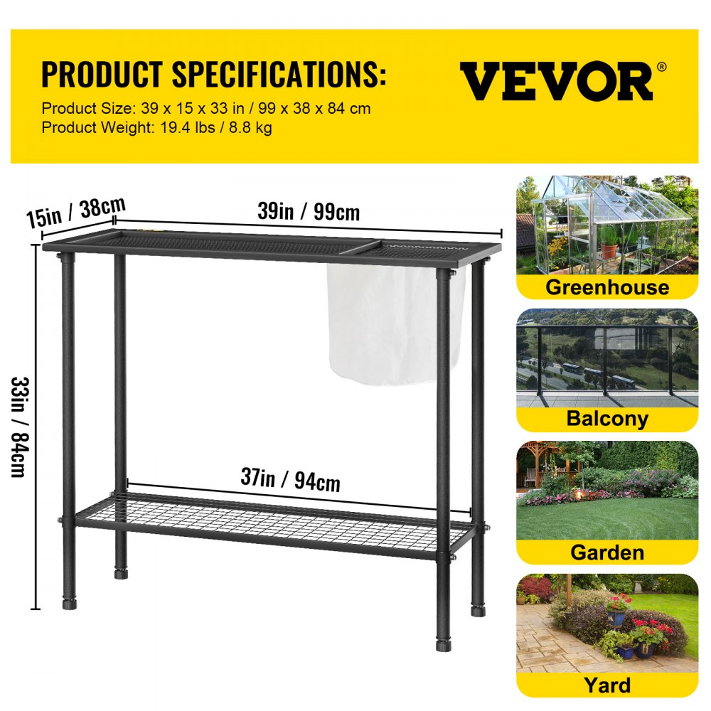 Banco de jardinería VEVOR, 99 cm de largo x 38 cm de ancho x 84 cm de alto, estación de trabajo de acero para exteriores con patas de goma y bolsa de malla, mesa de jardinería multiusos de doble capa para invernadero, patio, porche y jardín, color negro