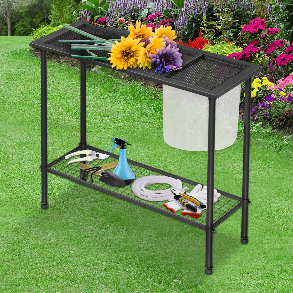Banco de jardinería VEVOR, 99 cm de largo x 38 cm de ancho x 84 cm de alto, estación de trabajo de acero para exteriores con patas de goma y bolsa de malla, mesa de jardinería multiusos de doble capa para invernadero, patio, porche y jardín, color negro