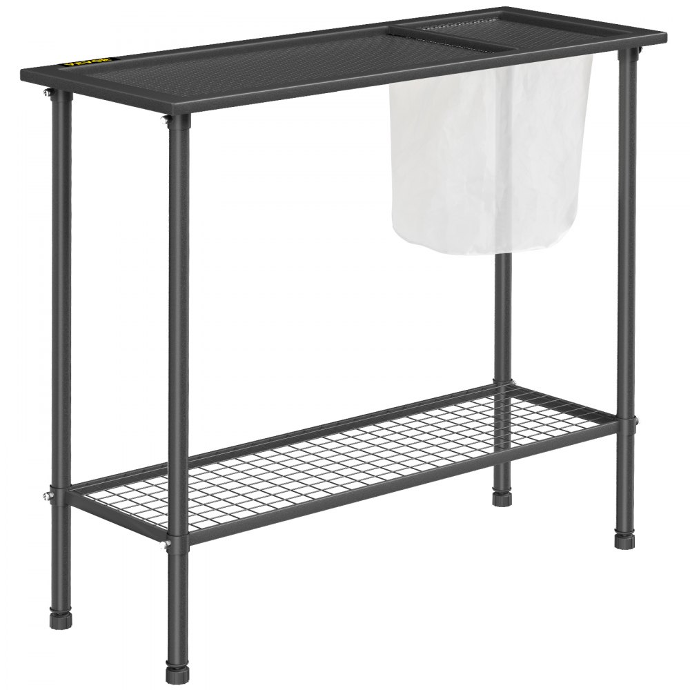 Banco de jardinería VEVOR, 99 cm de largo x 38 cm de ancho x 84 cm de alto, estación de trabajo de acero para exteriores con patas de goma y bolsa de malla, mesa de jardinería multiusos de doble capa para invernadero, patio, porche y jardín, color negro