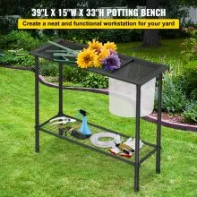 VEVOR Banco para macetas, 39 pulgadas de largo x 15 pulgadas de ancho x 33 pulgadas de alto, estación de trabajo de acero para exteriores con patas de goma y bolsa de malla, mesa de jardinería multiusos de doble capa para invernadero, patio, porche, patio trasero, negro