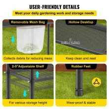 VEVOR Banco para macetas, 39 pulgadas de largo x 15 pulgadas de ancho x 33 pulgadas de alto, estación de trabajo de acero para exteriores con patas de goma y bolsa de malla, mesa de jardinería multiusos de doble capa para invernadero, patio, porche, patio trasero, negro