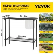 VEVOR Banco para macetas, 39 pulgadas de largo x 15 pulgadas de ancho x 33 pulgadas de alto, estación de trabajo de acero para exteriores con patas de goma y bolsa de malla, mesa de jardinería multiusos de doble capa para invernadero, patio, porche, patio trasero, negro