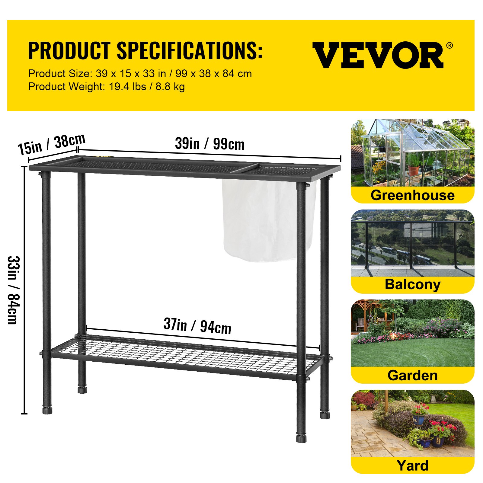 Banco de jardinería VEVOR, 99 cm de largo x 38 cm de ancho x 84 cm de alto, estación de trabajo de acero para exteriores con patas de goma y bolsa de malla, mesa de jardinería multiusos de doble capa para invernadero, patio, porche y jardín, color negro